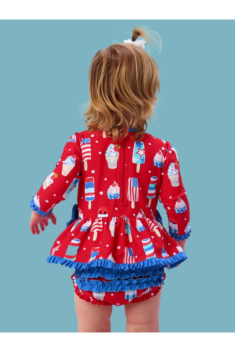 UPF50+ Long Sleeve One Piece Bow Peplum Rash Guard Swimsuit, Alternate, color, Stars & Scoops