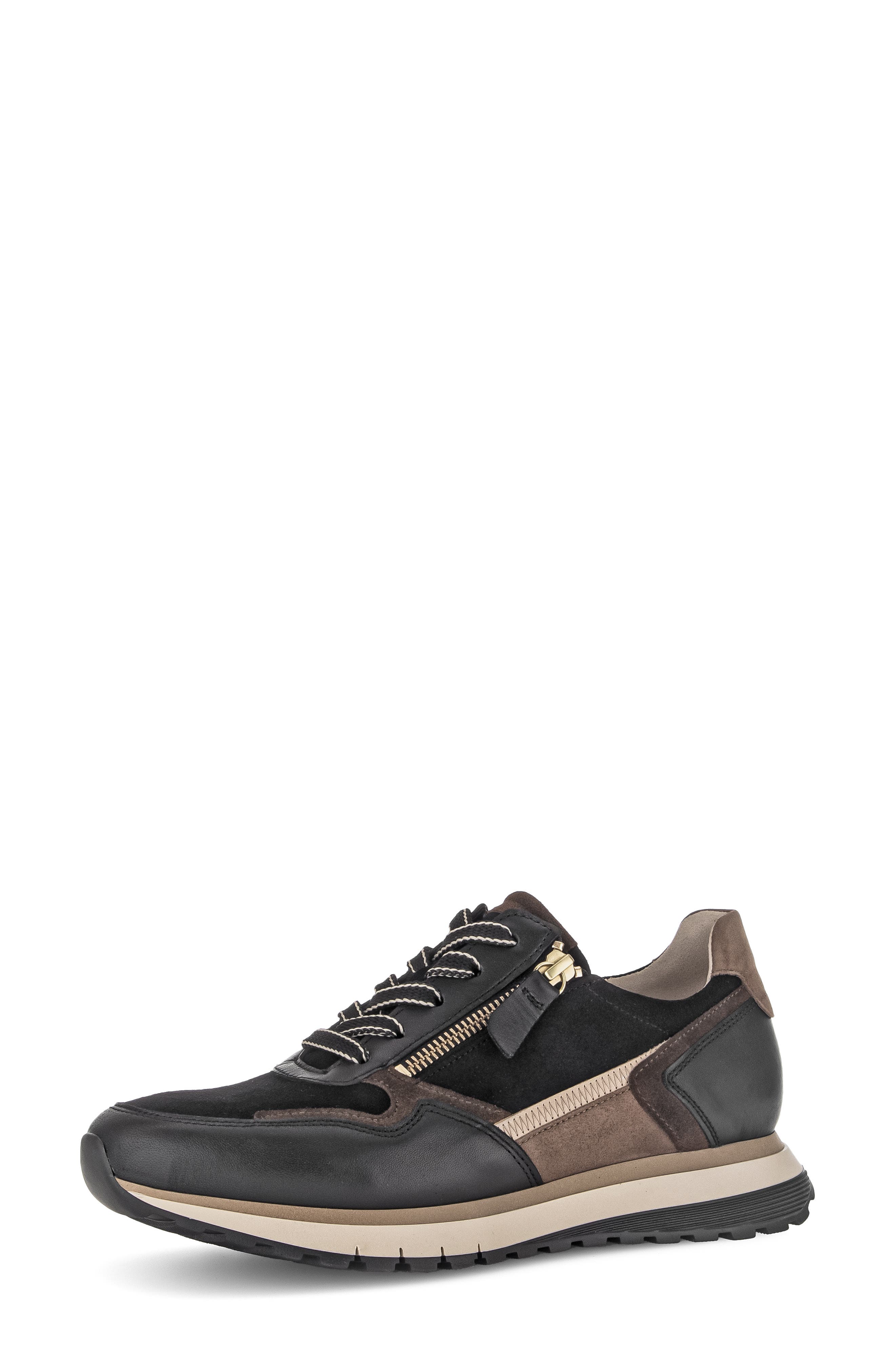 Gabor Leather Zip Sneaker, Main, color, Black/ Brown