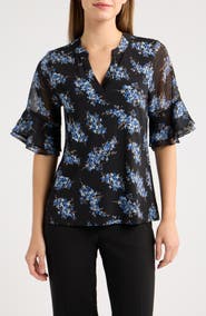 AK ANNE KLEIN Floral Ruffle Sleeve Top
