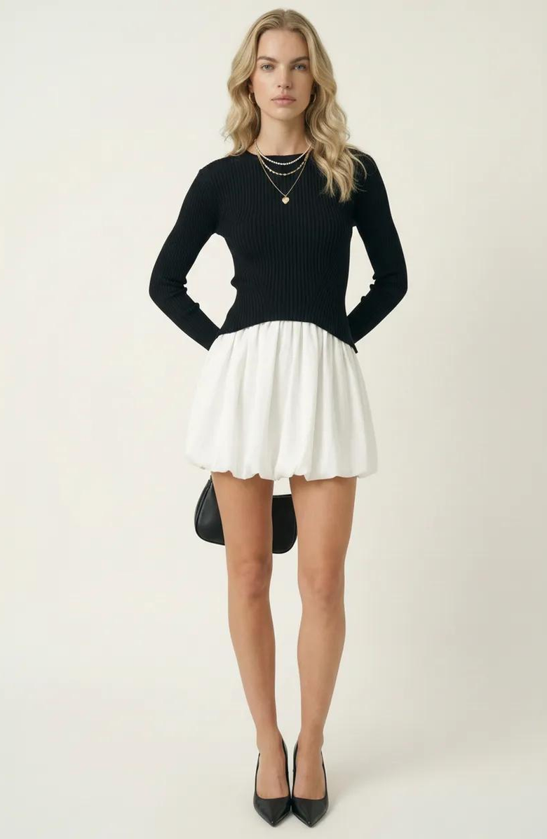 Modenaire Knit and Woven Fit-and-Flare Mini Dress with Ribbed Long Sleeve Top, Alternate, color, Black / White