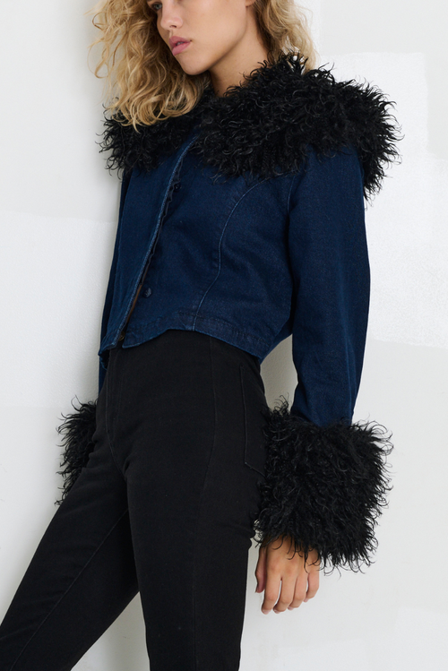 Tt Studios Kimmy Denim Faux Fur Jacket In Blue