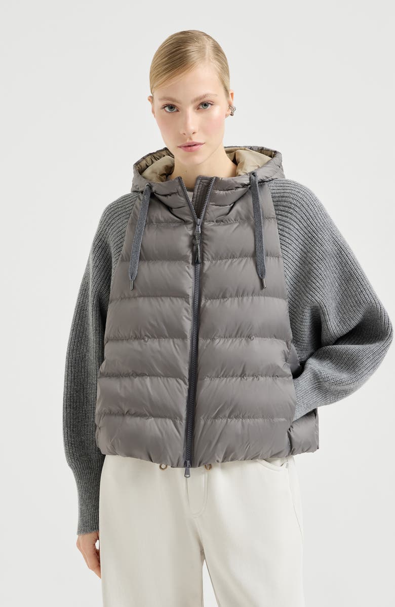 Brunello Cucinelli Nylon hooded down jacket, Alternate, color, Grey