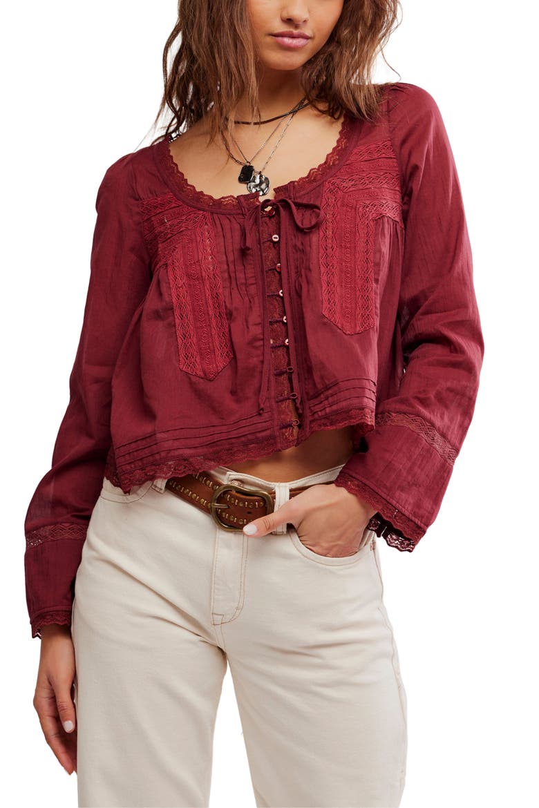 Evermore Lace Inset Semisheer Cotton Top, Main, color, SYRAH