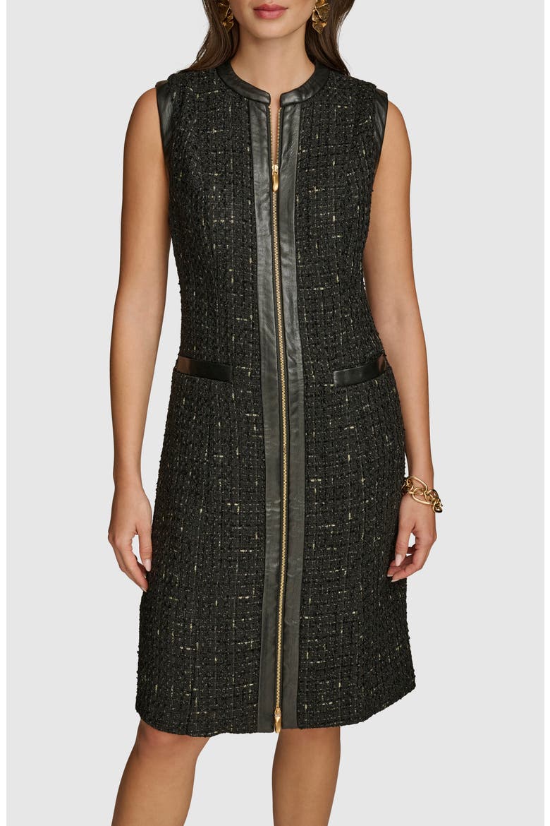 Sleeveless Faux Leather Trim Tweed Dress, Alternate, color, BLACK