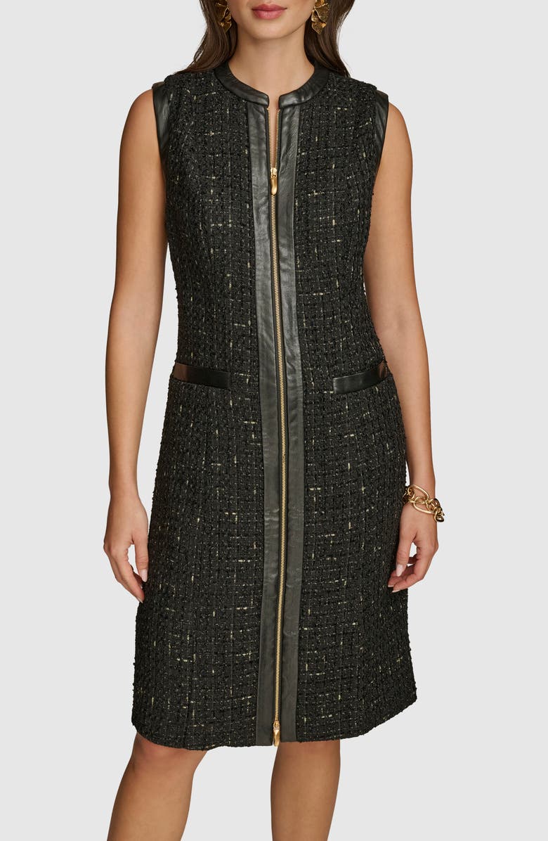 Donna Karan New York Sleeveless Faux Leather Trim Tweed Dress, Alternate, color, Black