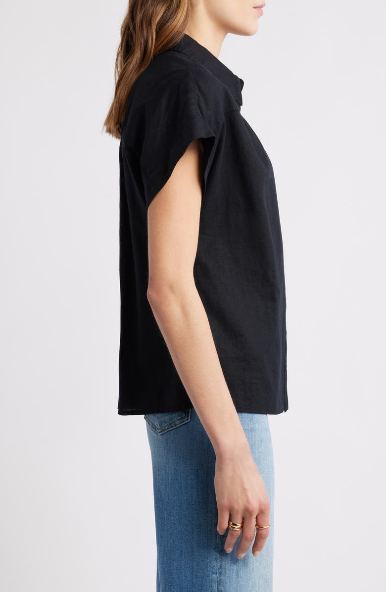 Caslon<sup>®</sup> Short Sleeve Linen Blend Button-Up Shirt, Alternate, color, Black