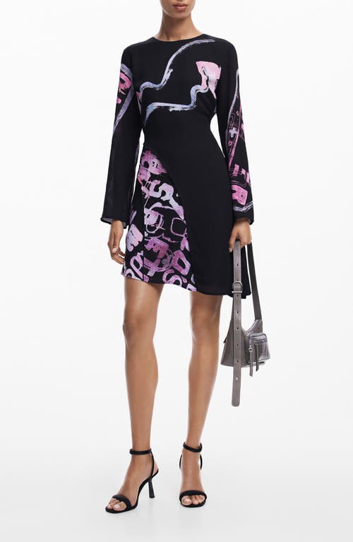 Desigual Dangerbla Abstract Print Long Sleeve Asymmetric Hem Dress In Black