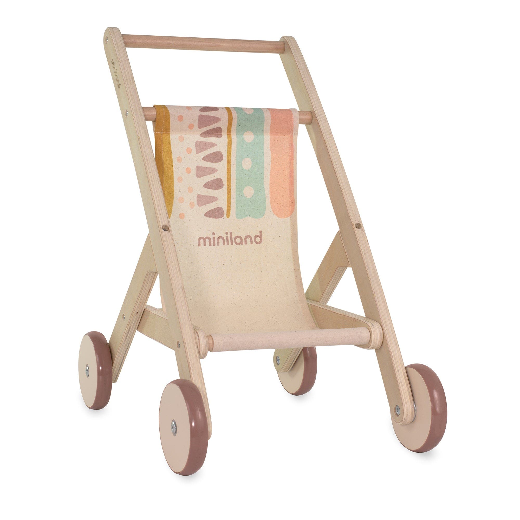 Miniland Wooden Doll Stroller for Dolls up to 15" in Beige Multi 