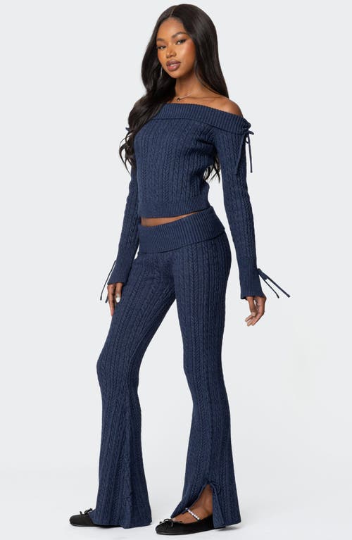 Edikted Chase Foldover Bow Trim Cable Knit Pants In Navy