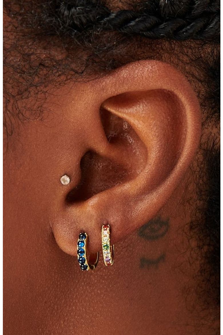 Beaded Huggie Earrings, Alternate, color, Gold / Rainbow