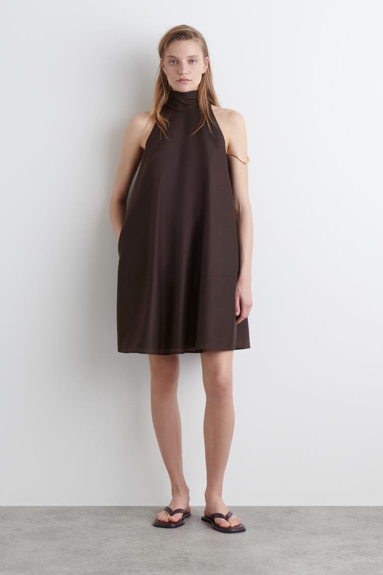 halterneck mini dress in brown Margo Garnet-Brown backless halter-neck mini dress in Silk Twill