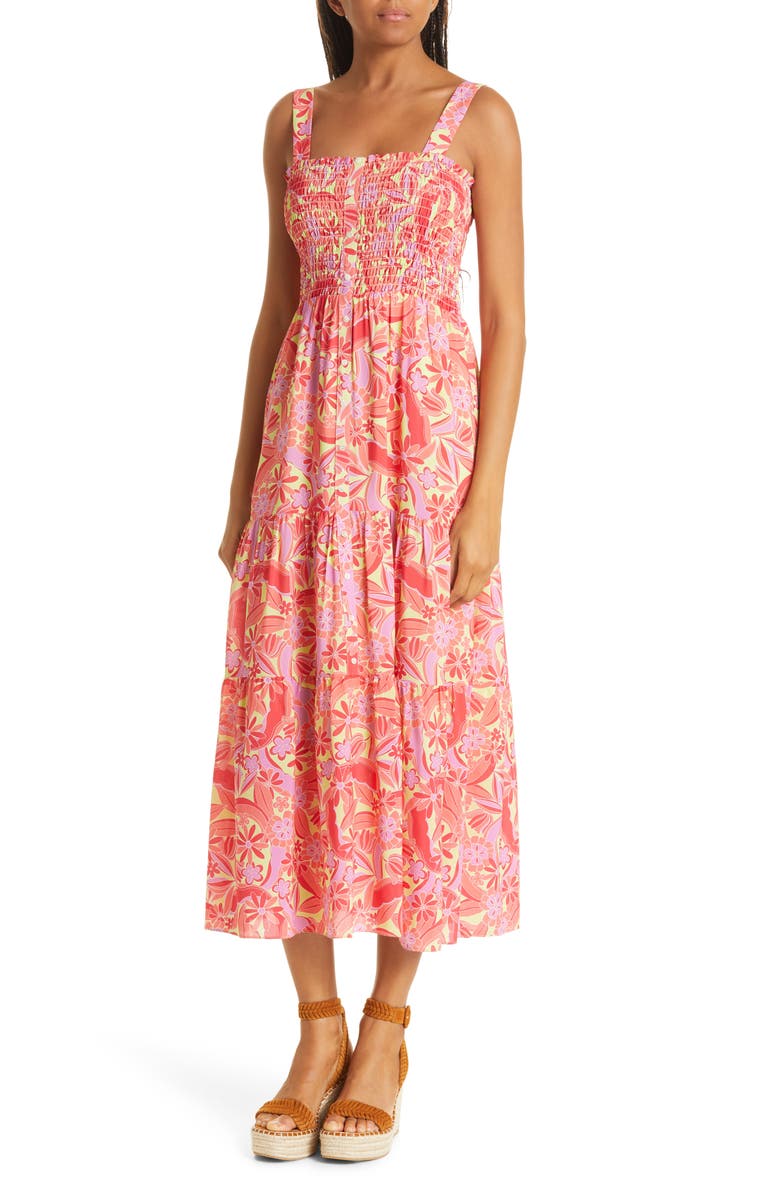 Nicole Miller Smocked Floral Silk Blend Midi Dress, Alternate, color, 