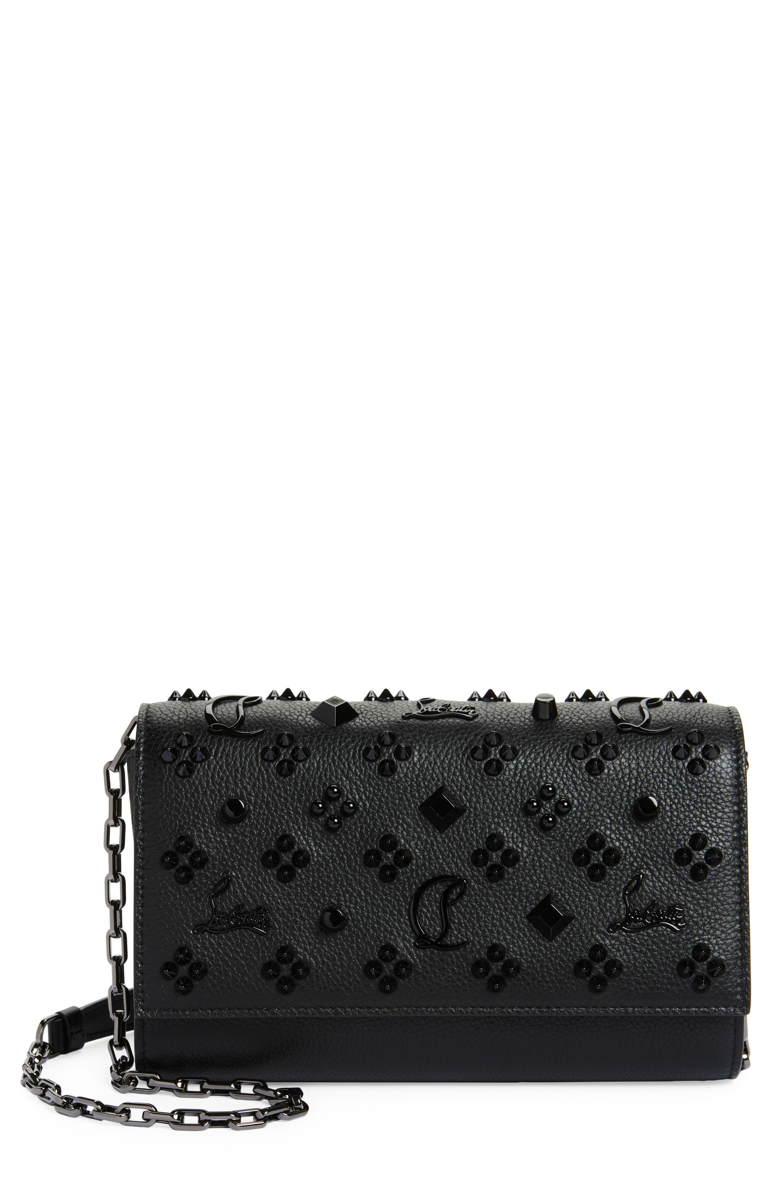 Christian Louboutin Paloma Studded Leather Clutch, Main, color, Black