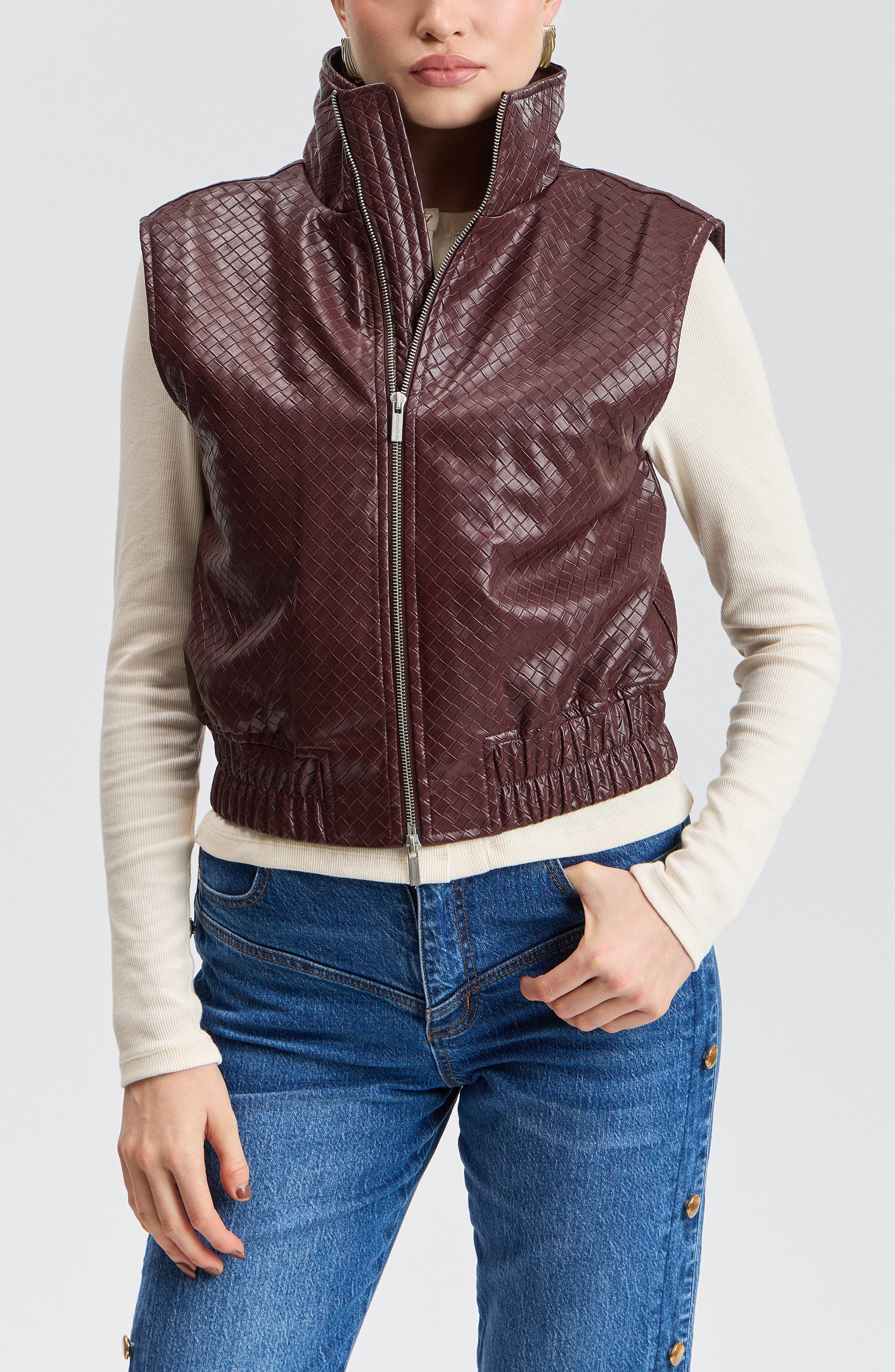 Woven Faux Leather Cropped Puffer Vest