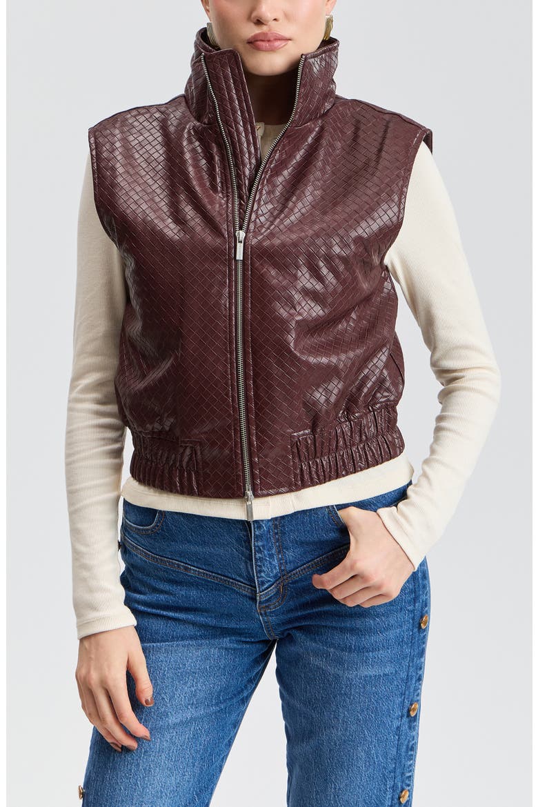 Woven Faux Leather Cropped Puffer Vest, Main, color, BURGUNDY