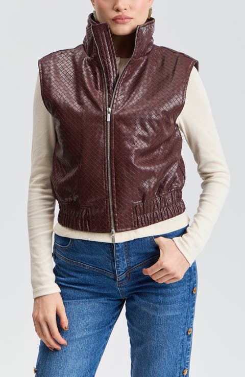 Woven Faux Leather Cropped Puffer Vest
