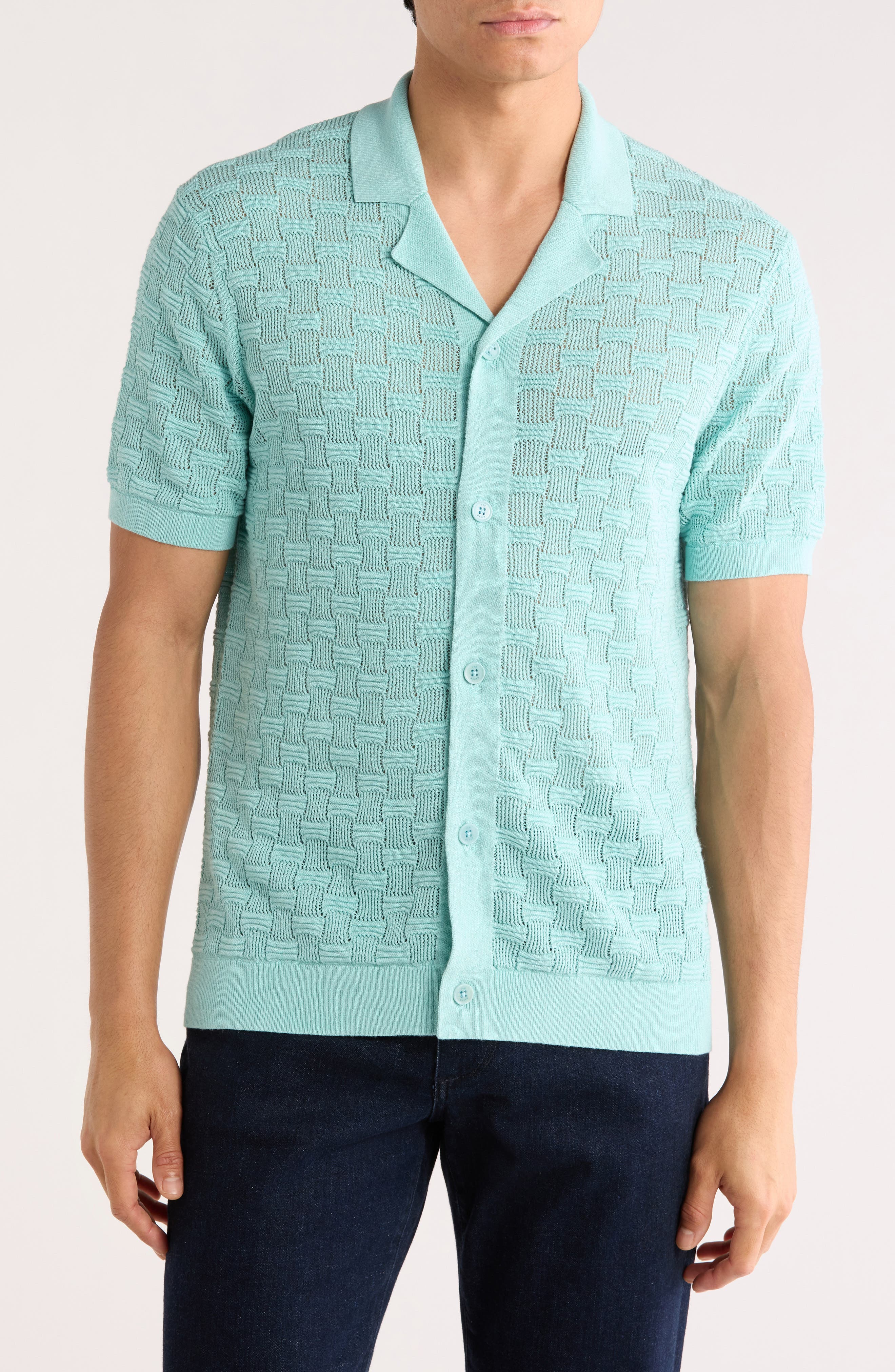 Ted Baker London Ridges Short Sleeve Texture Knit Silk & Cotton Button-Up Shirt