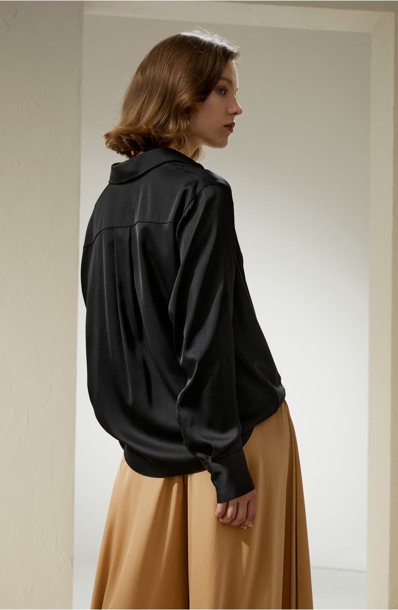 Lilysilk Hem Pleated Silk Blouse, Alternate, color, Black