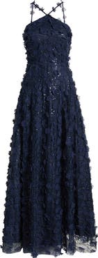 Eliza J Floating Flow Floral Sequin Halter Ballgown