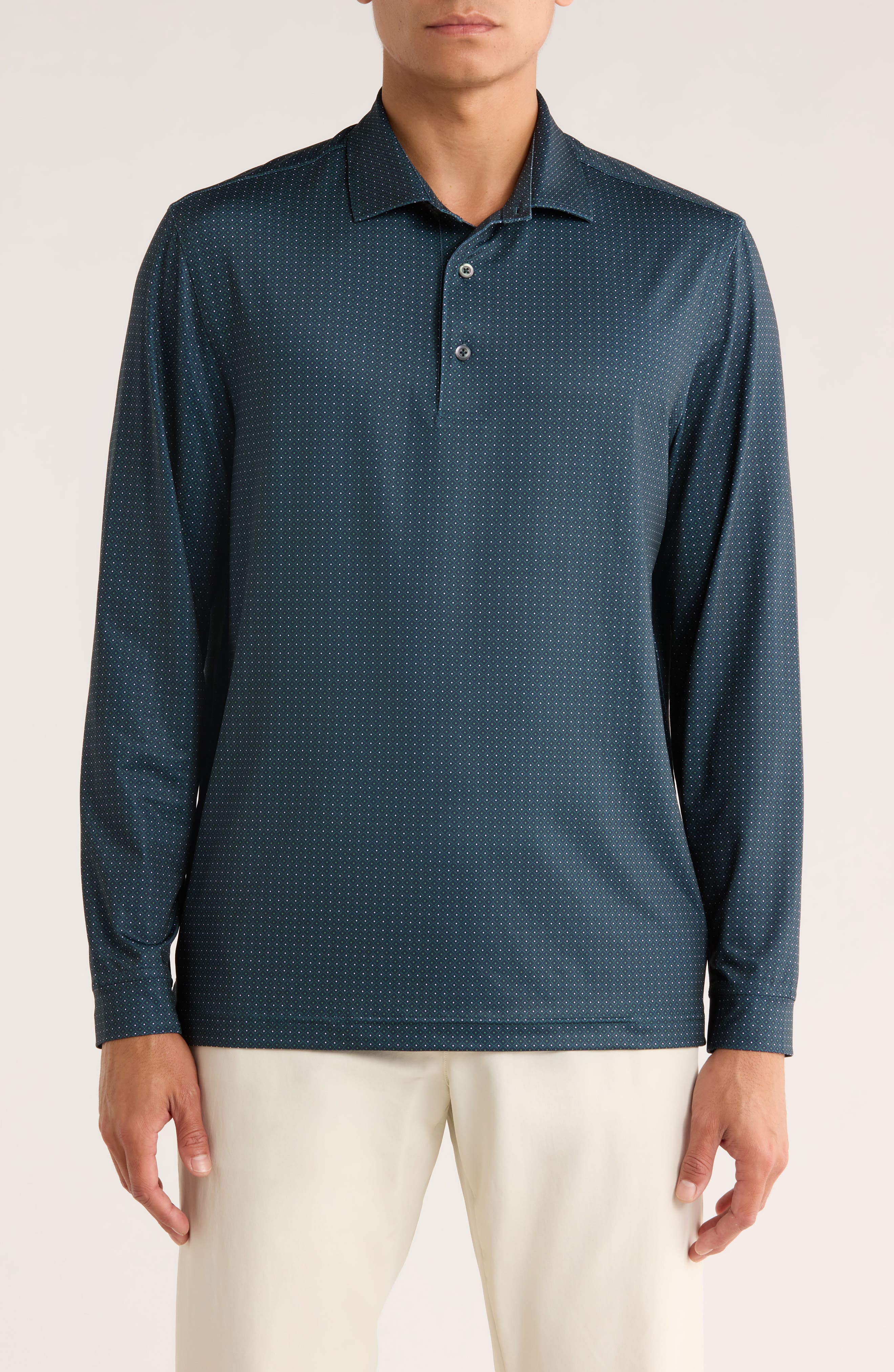 Greg Norman Knotweed Print Long Sleeve Performance Golf Polo