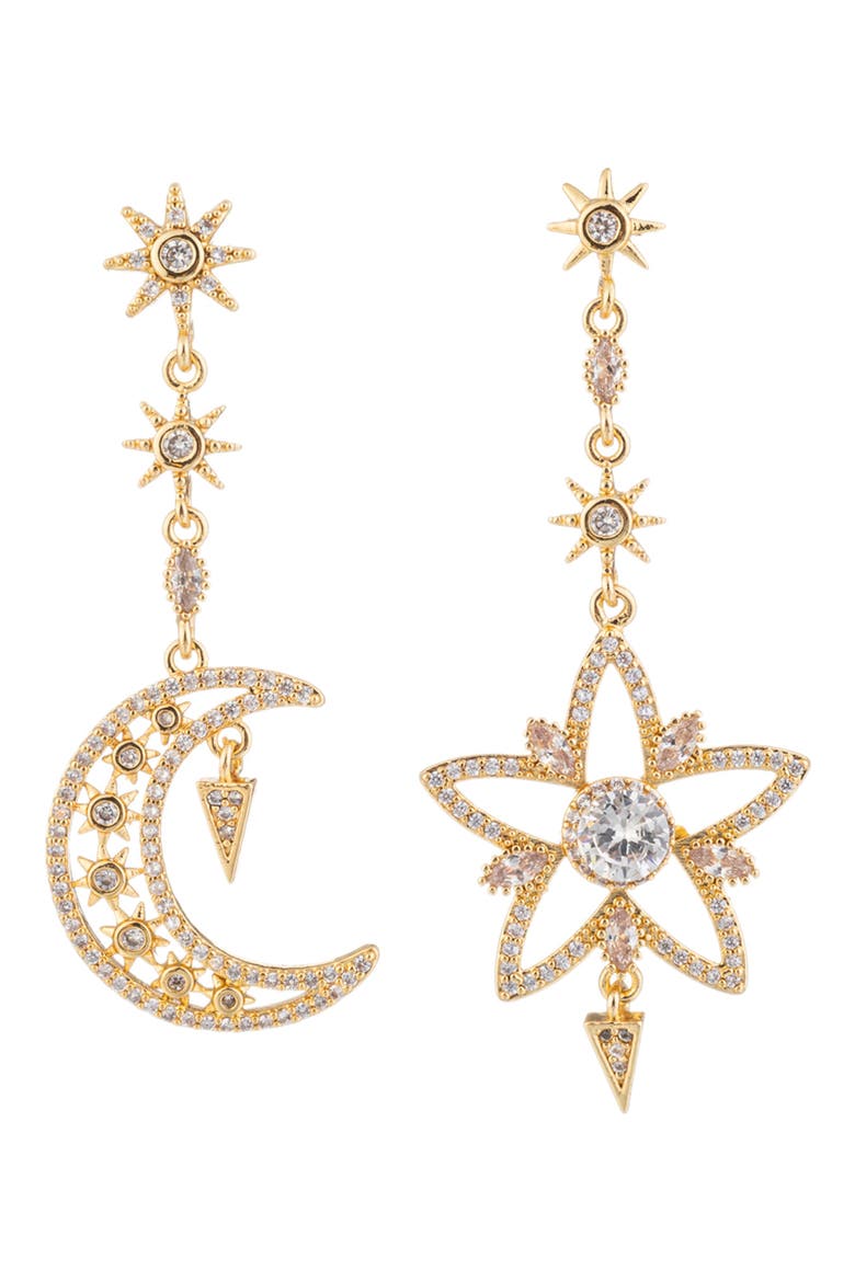 Elara Crescent Moon & Star Mismatched Drop Earrings, Main, color, GOLD