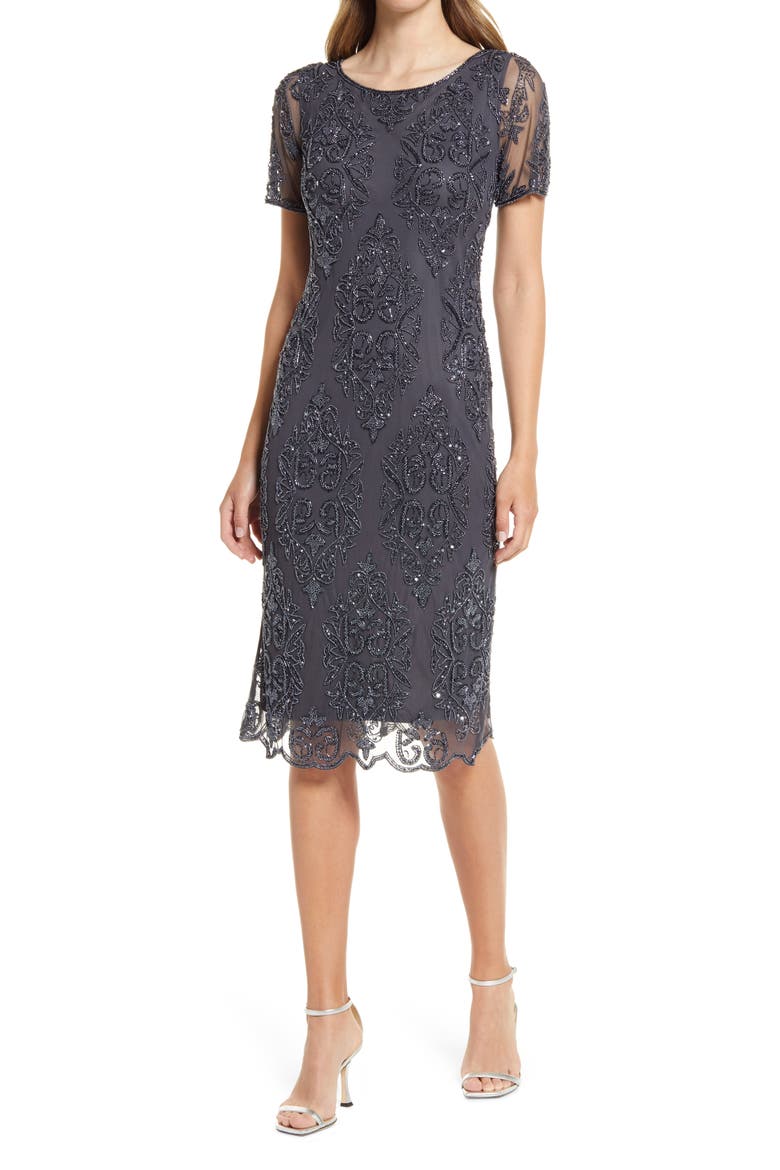 Beaded Cocktail Midi Dress, Alternate, color, SLATEDNU