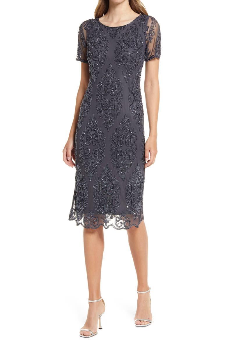 Pisarro Nights Beaded Cocktail Midi Dress, Alternate, color, Slate