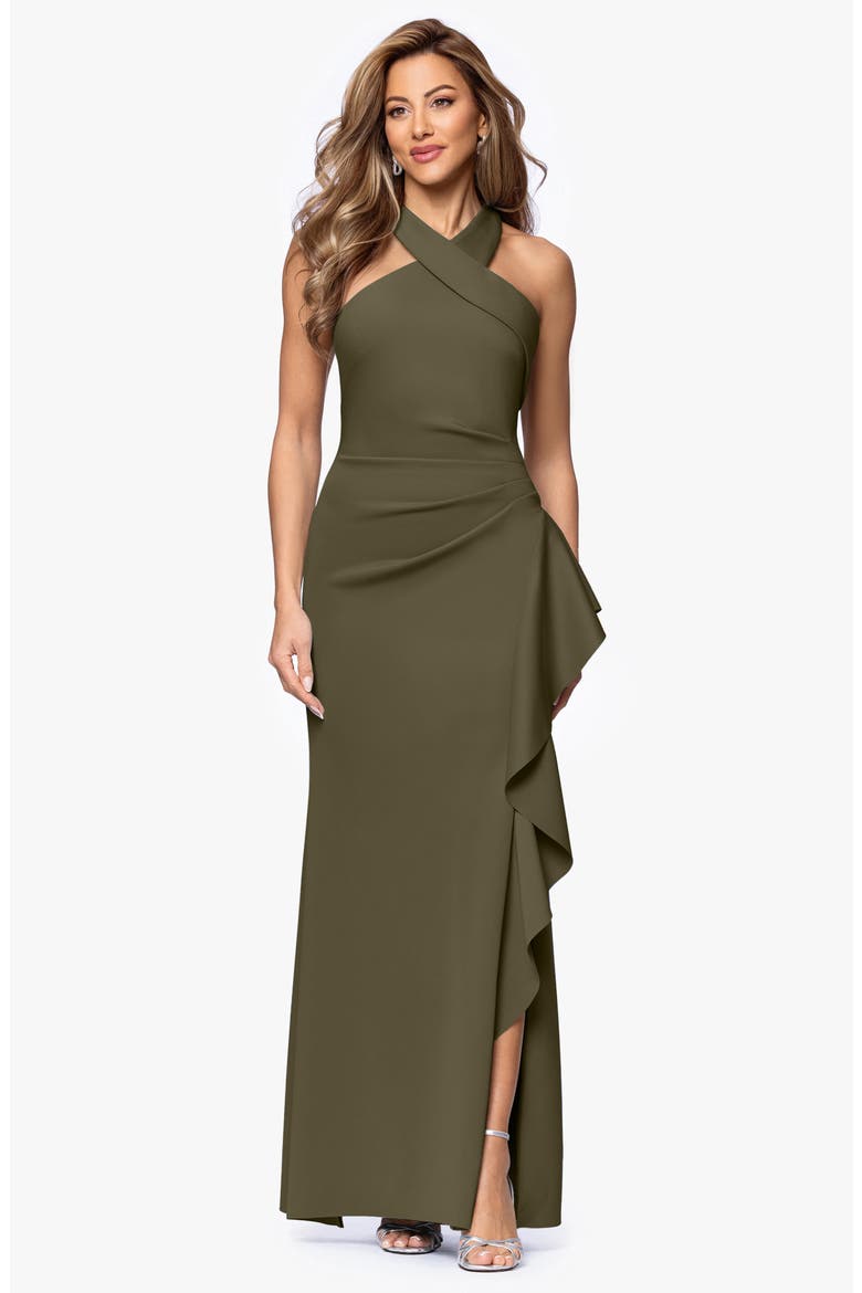 Ruffle Scuba Knit Gown, Alternate, color, OLIVE