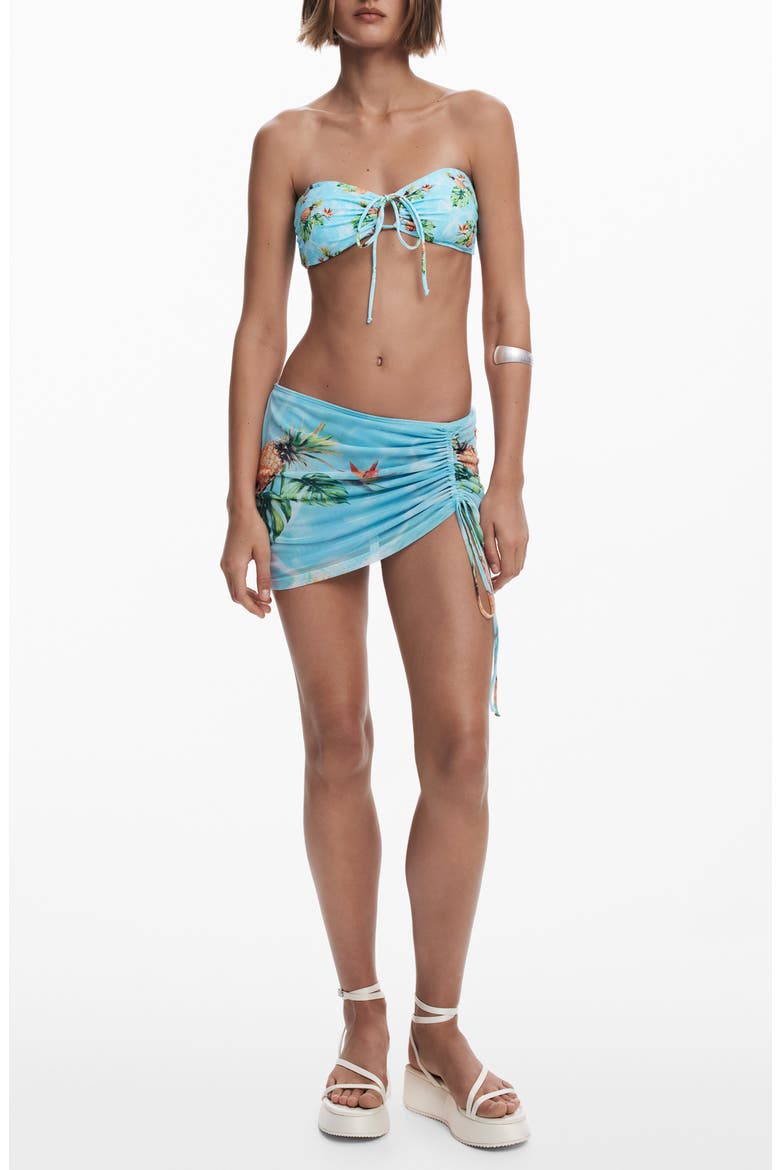 Tropical Print Ruched Cover-Up Miniskirt, Main, color, LIGHT TURQUOISE