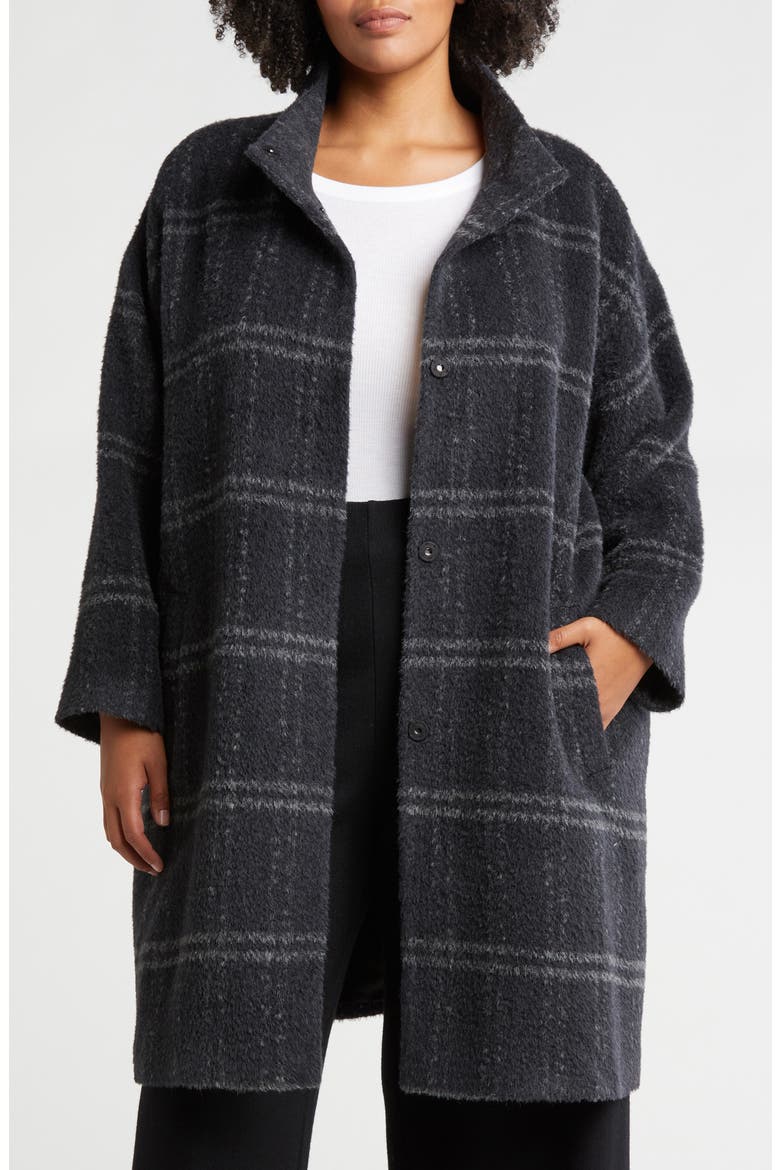High Collar Plaid Coat, Main, color, CHARCOAL