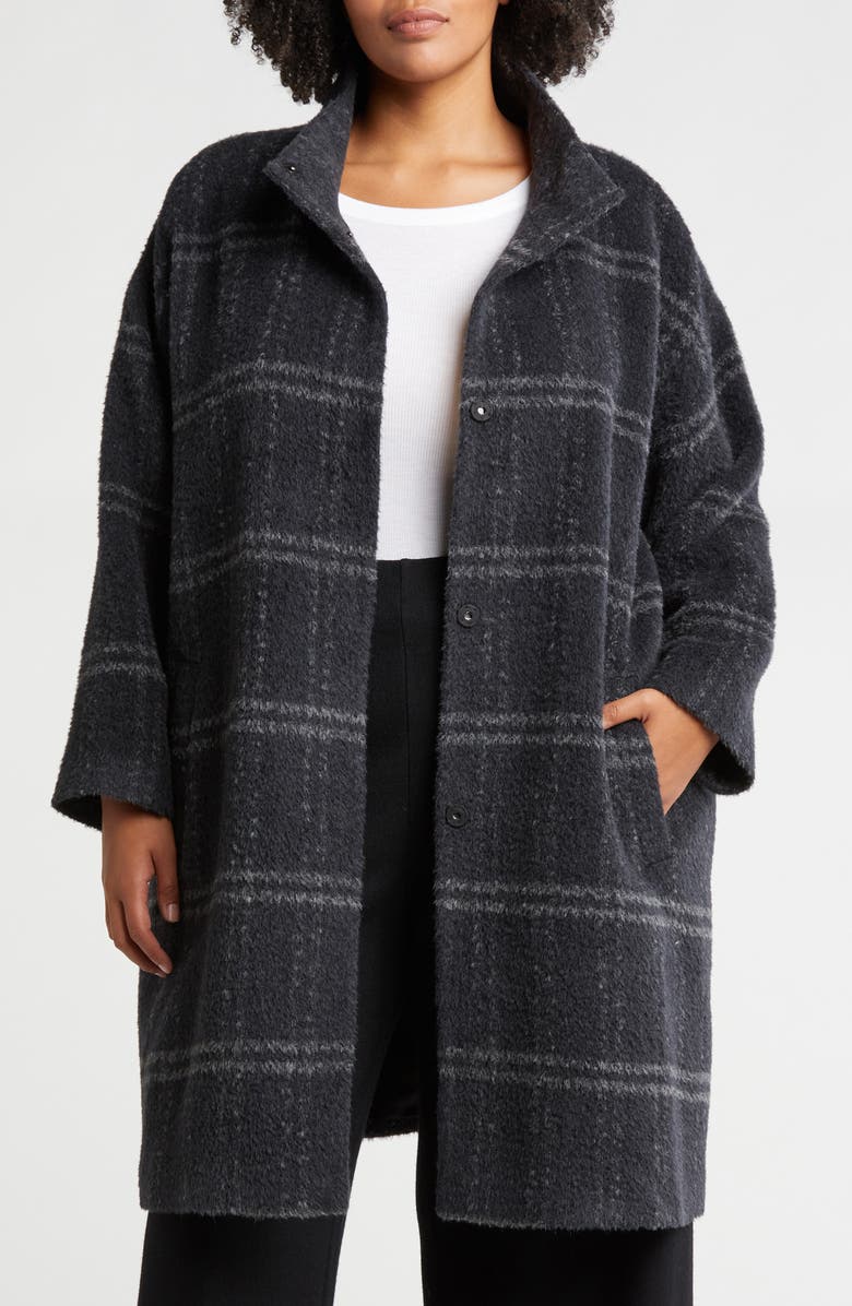Eileen Fisher High Collar Plaid Coat, Main, color, Charcoal