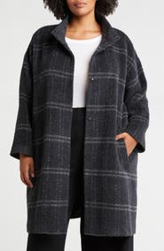 Eileen Fisher High Collar Plaid Coat