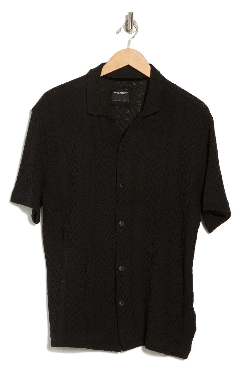 DENIM AND FLOWER Textured Knit Camp Shirt, Alternate, color, Black