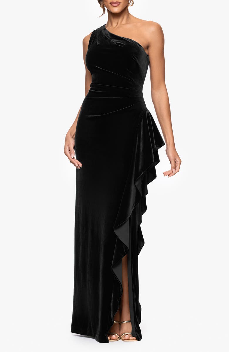 Xscape Evenings One-Shoulder Ruffle Stretch Velvet Gown, Main, color, Black