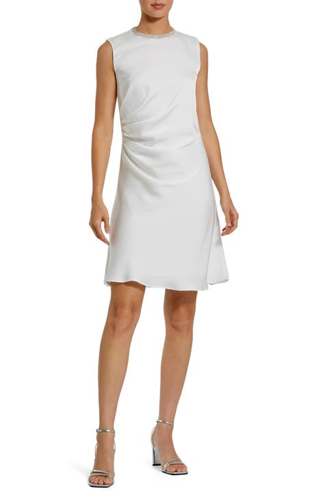 Charmeuse Mini Dress with Rhinestone High Neckline & Cinched Waist