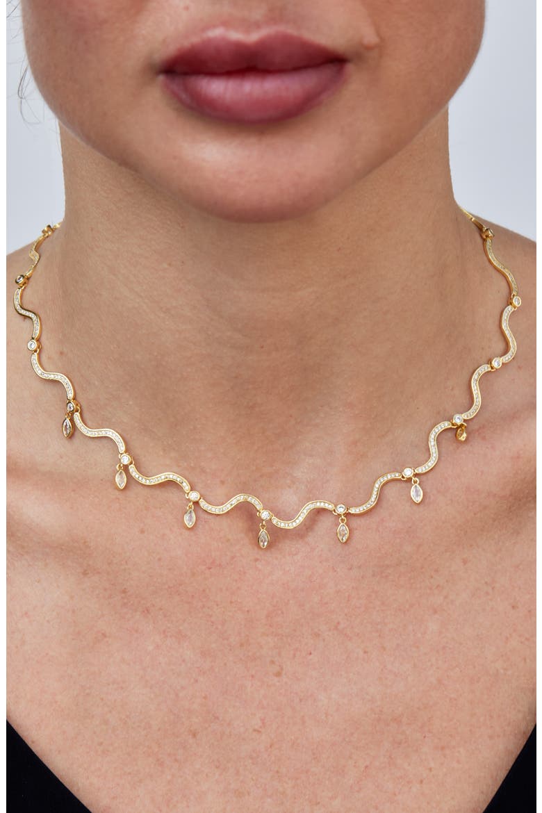 Wavy 18k Gold Plated Cubic Zirconia Fringe Necklace, Alternate, color, YELLOW GOLD