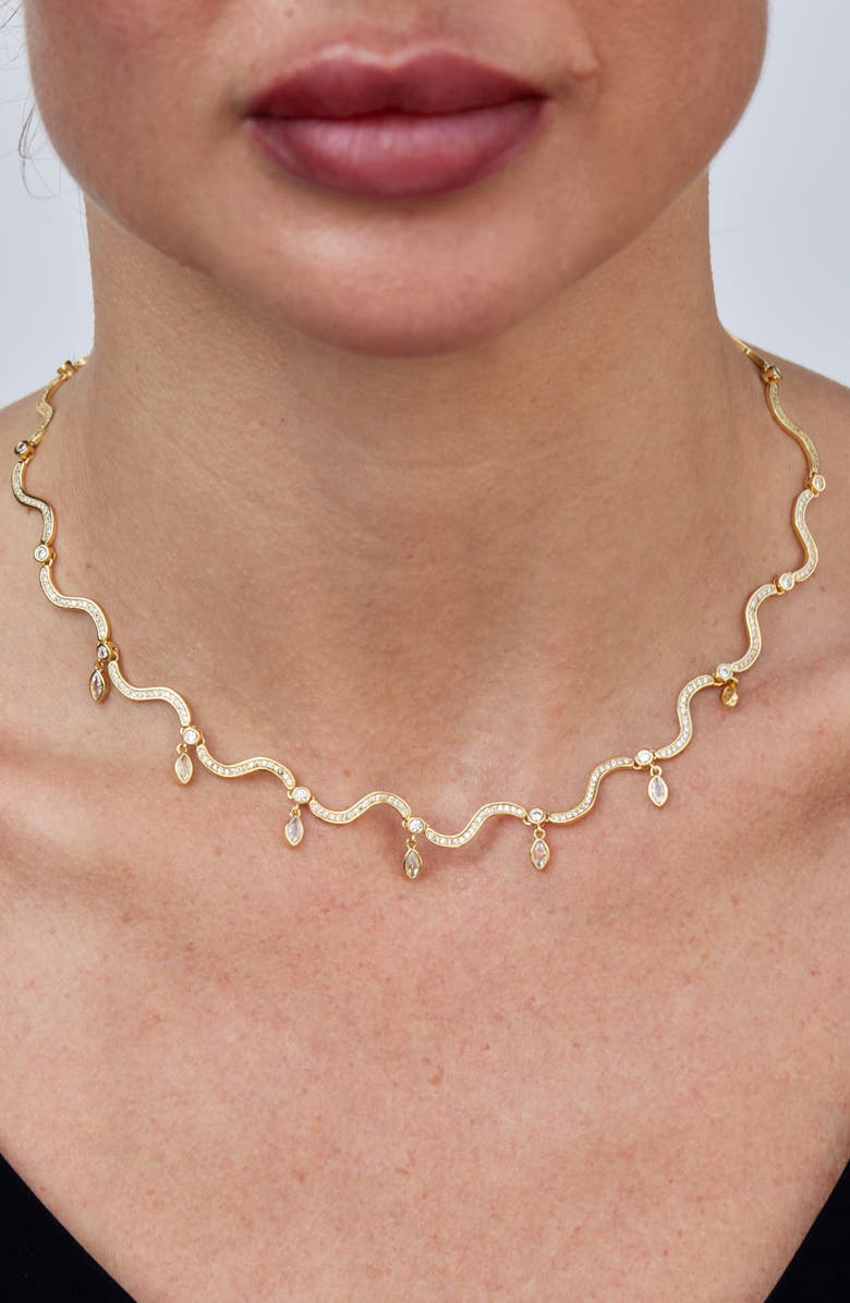 SAVVY CIE JEWELS Wavy 18k Gold Plated Cubic Zirconia Fringe Necklace, Alternate, color, Yellow Gold