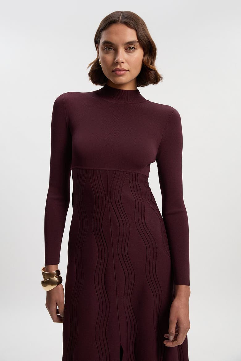 Wave Knit A-Line Long Sleeve Dress, Alternate, color, Burgundy