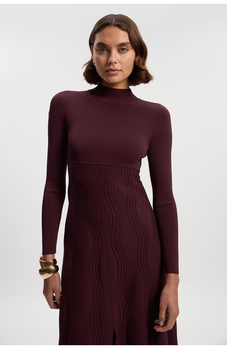 Karen Millen Wave Knit A-Line Long Sleeve Dress, Alternate, color, Burgundy