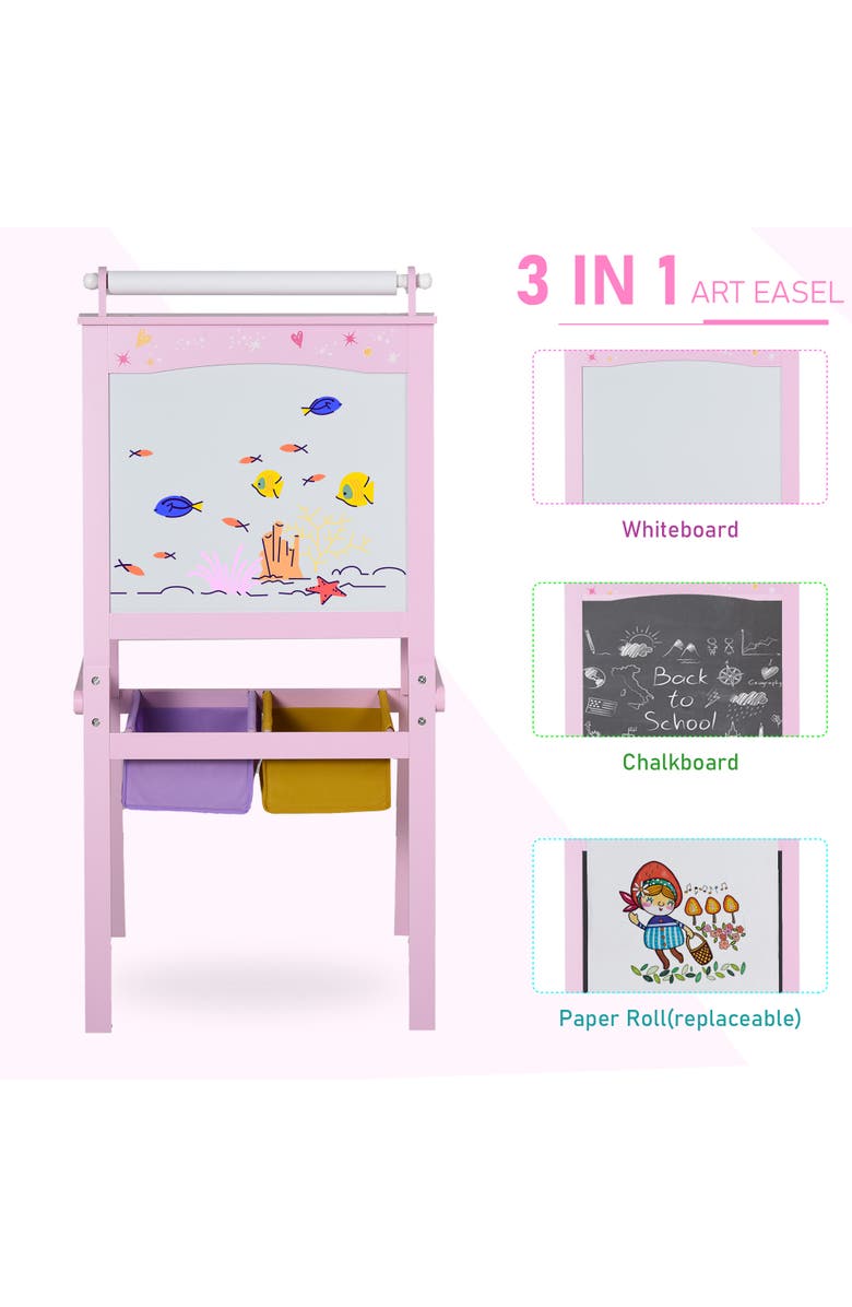 Qaba 3-in-1 Kids Wooden Art Easel, Paper Roll, Double-Sided Chalkboard & Whiteboard, Storage, Alternate, color, Pink