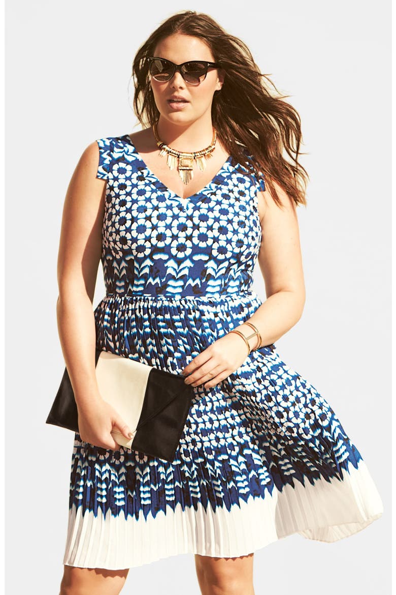 Ikat Print Pleat Fit & Flare Dress, Alternate, color, BLUE MULTI