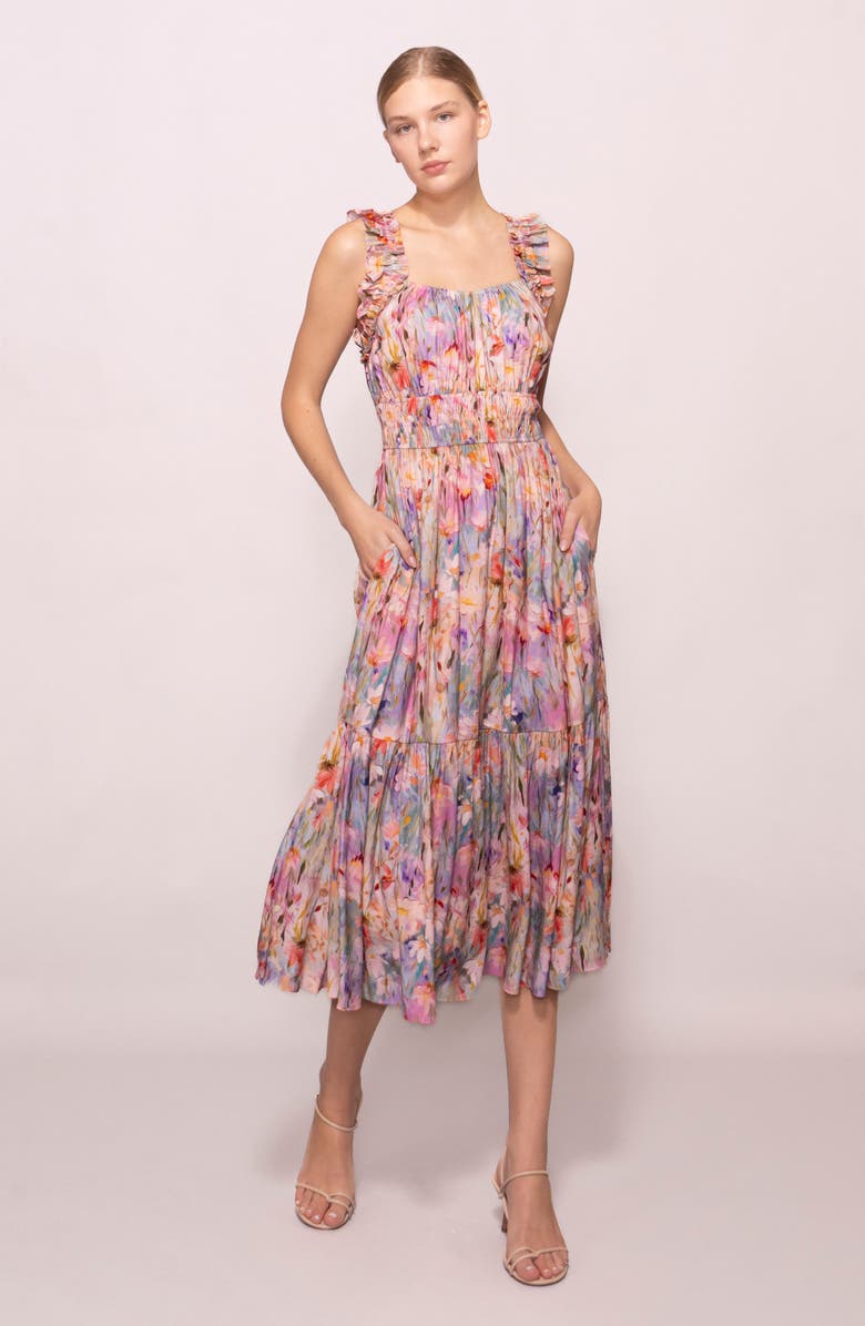 MELLODAY Floral Ruched Tiered Dress, Alternate, color, Abstract Multi