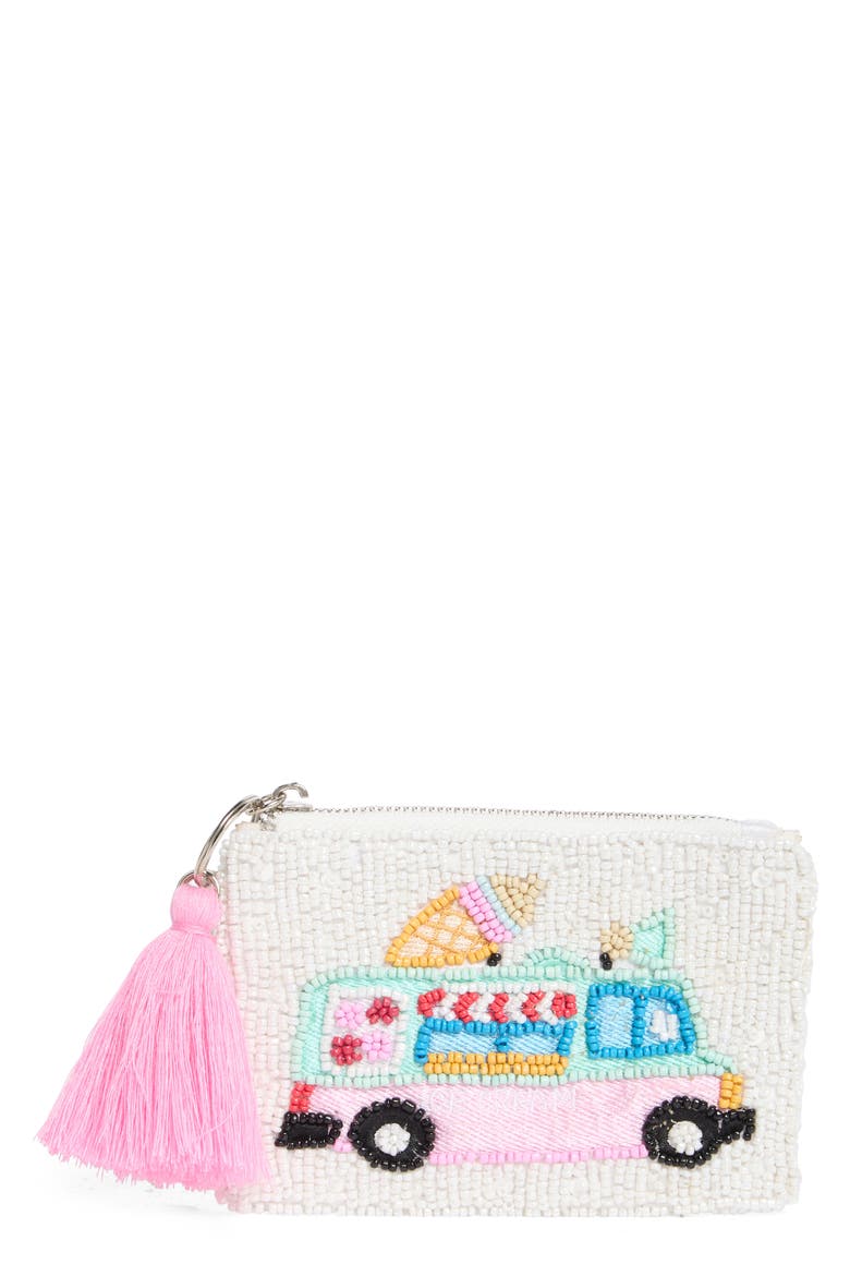 Ice Cream Truck Beaded Zip Pouch, Main, color, WHITE MULTI