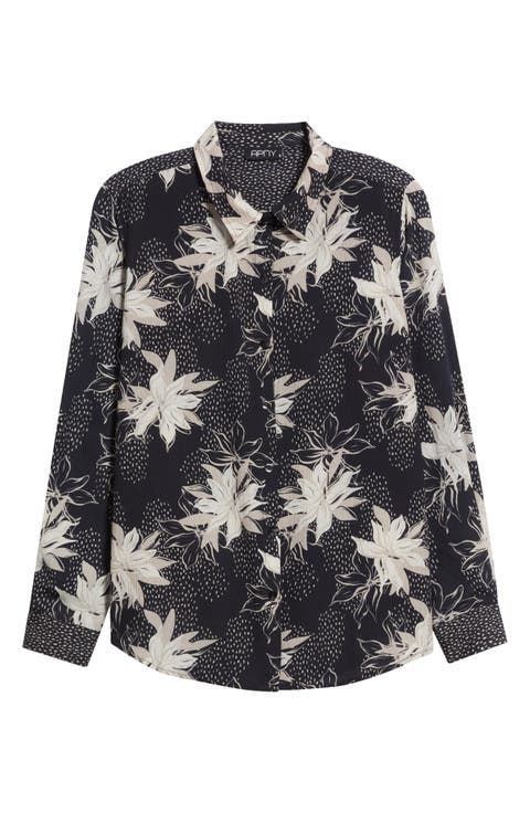 Print Roll Tab Sleeve Chiffon Button-Up Shirt