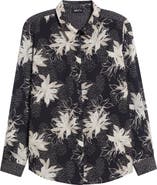 APNY Print Roll Tab Sleeve Chiffon Button-Up Shirt
