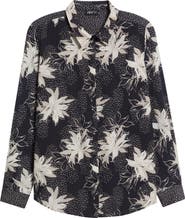 APNY Print Roll Tab Sleeve Chiffon Button-Up Shirt