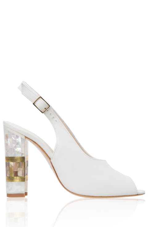Zara White Slingback Peep Toe Pearl Heel Sandal