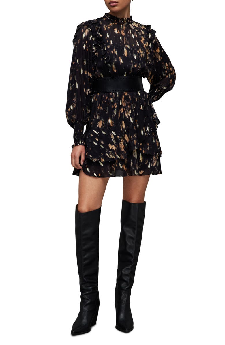 AllSaints Tulia Ronnie Long Sleeve Minidress, Main, color, Black