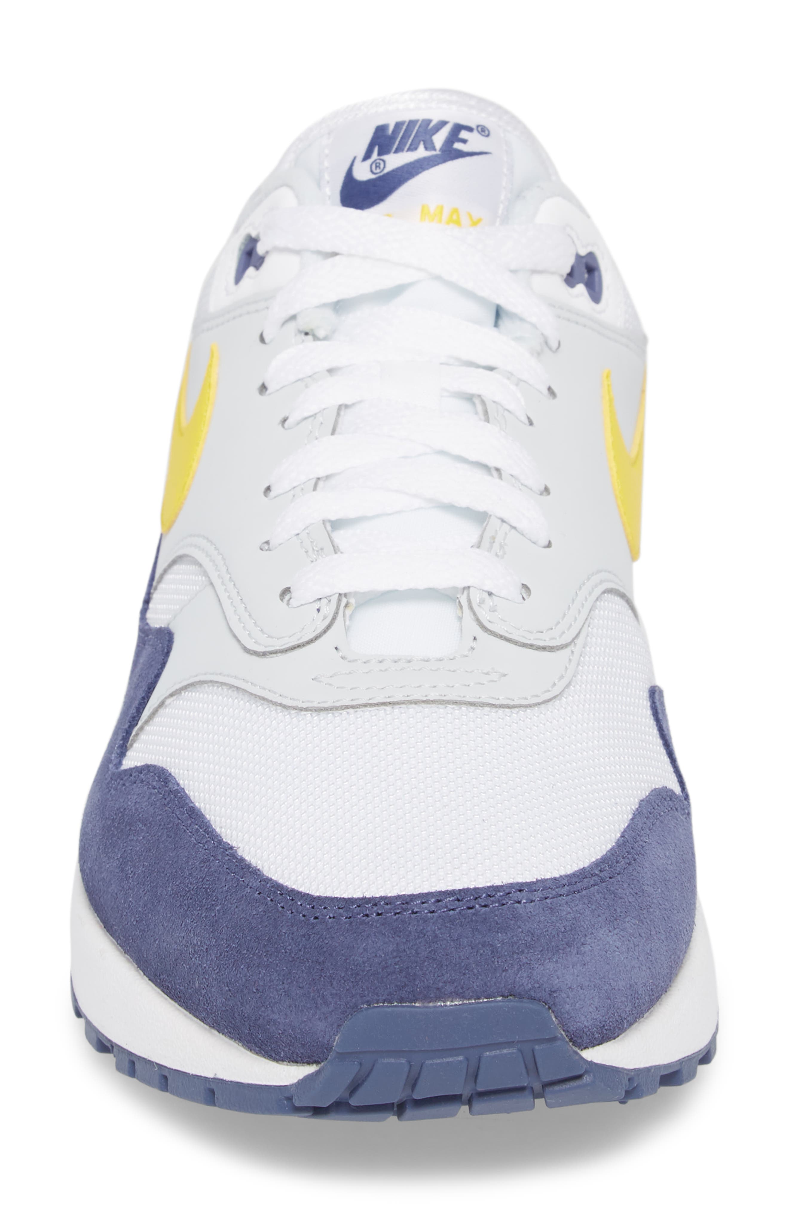 Air Max 1 Sneaker, Alternate, color, WHITE/ TOUR YELLOW/ BLUE