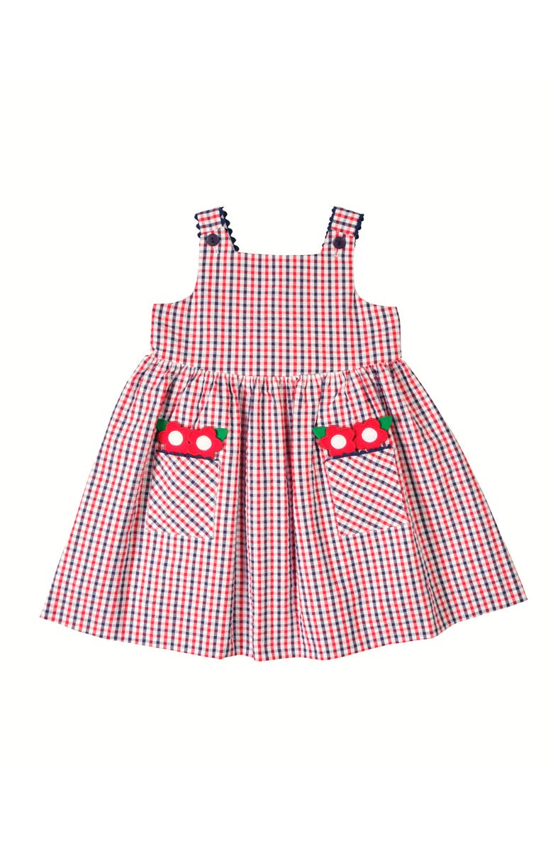 Florence Eiseman Plaid Seersucker Dress With Flowers, Main, color, Navy/White/Red